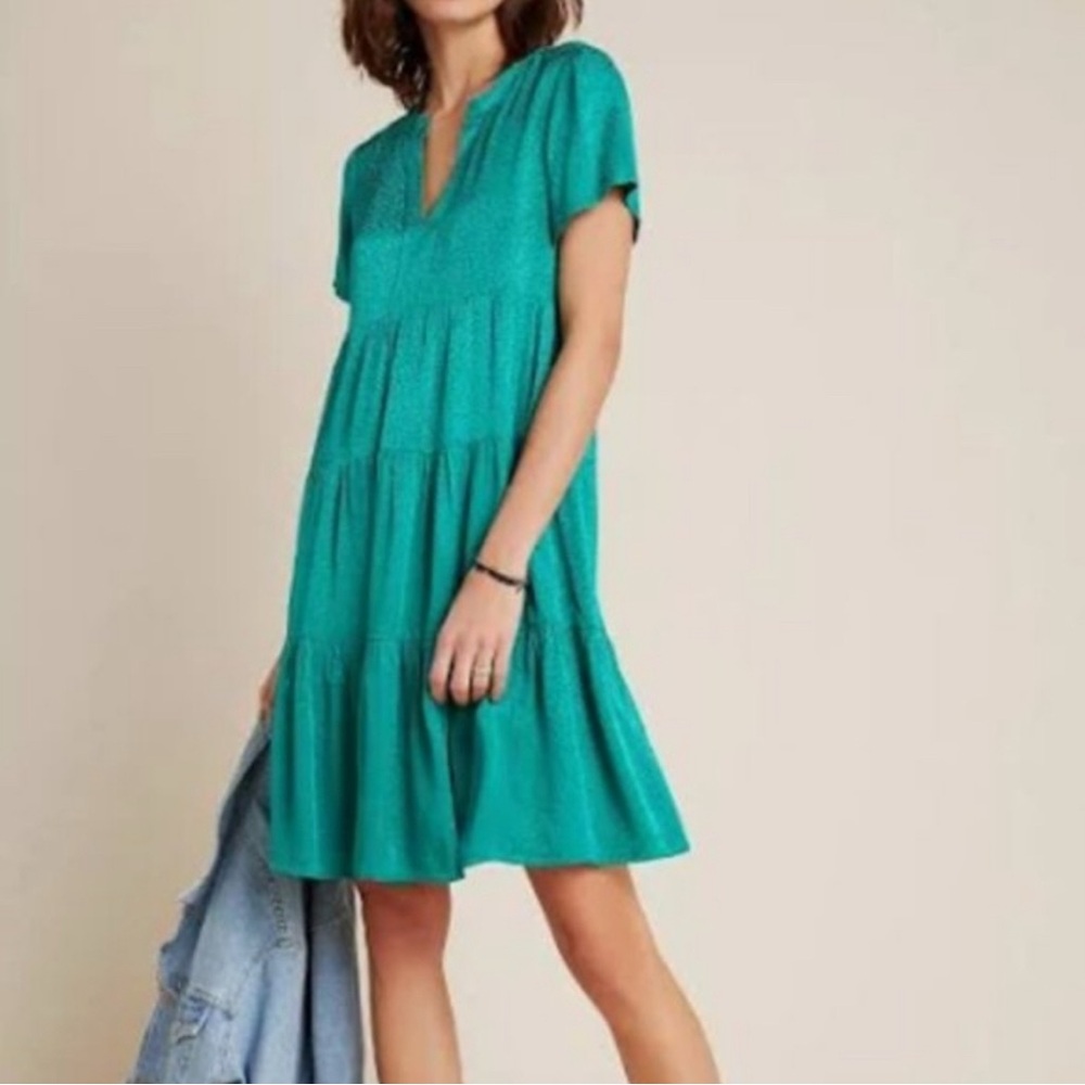 Maeve by Anthropologie Emerald Jacquard Tiered Dress — Size L